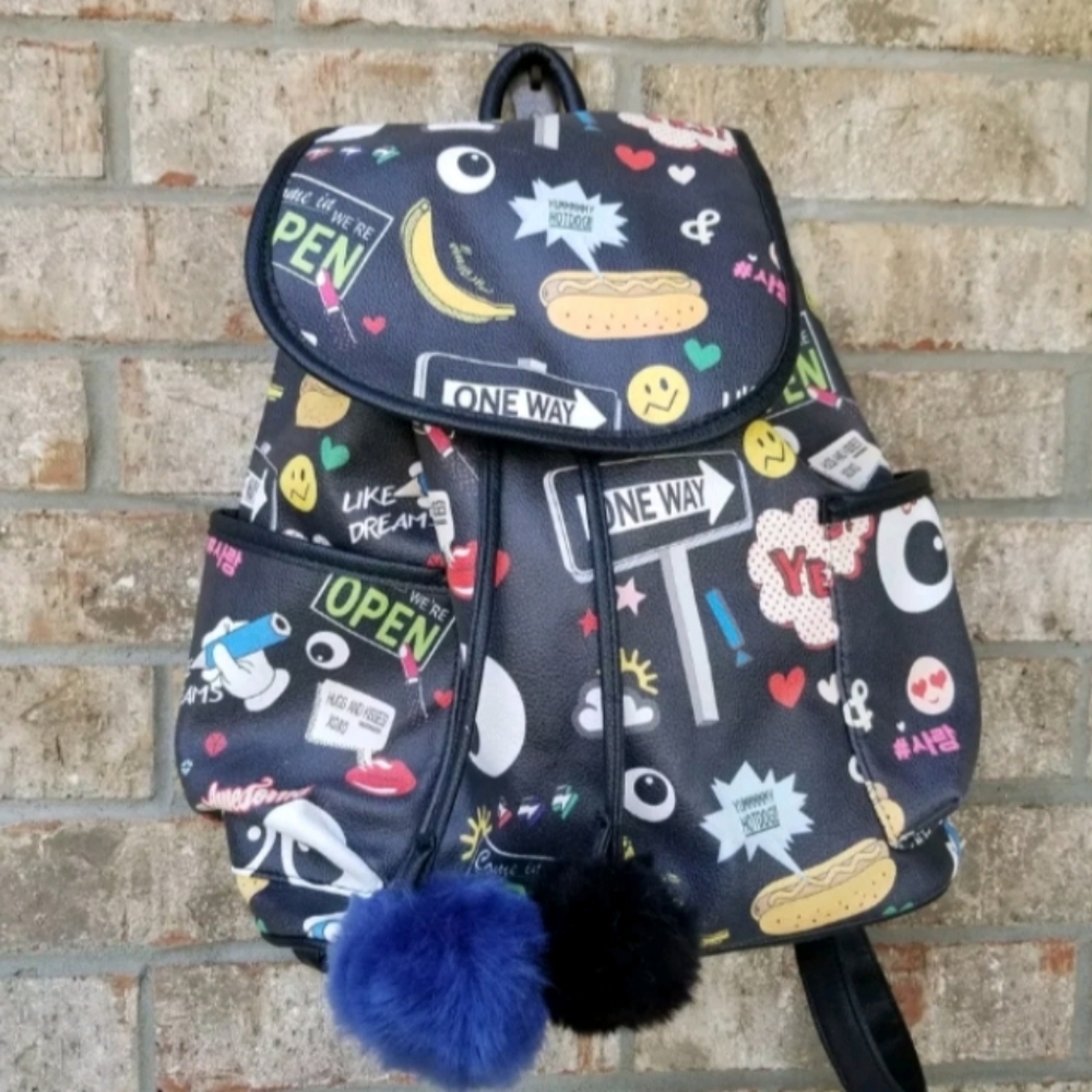 Dream Control BLACK Backpack Purse (12x14x5) Street Graffiti Emoji Cartoon Bag